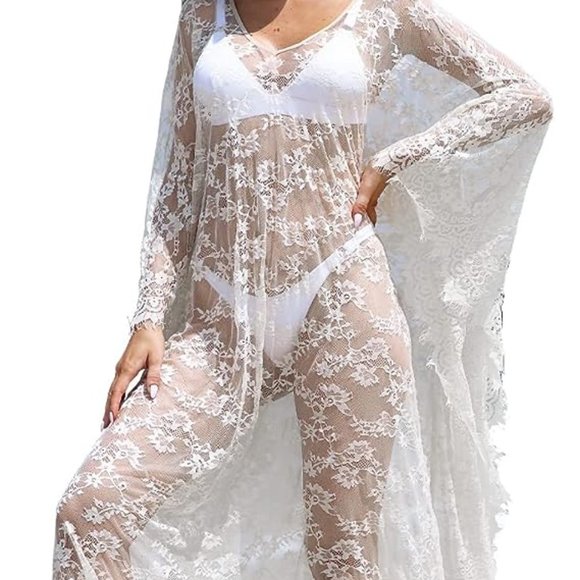 Sheer White Floral Lace Boho Dress Cover Up Beach Swim Gothic Bohemian Lingerie - Picture 3 of 10